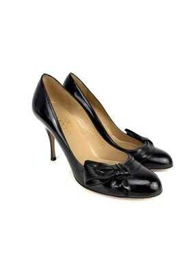 VALENTINO Garavani Patent Leather Bow Accent Black Stiletto Pumps Size 36.5
